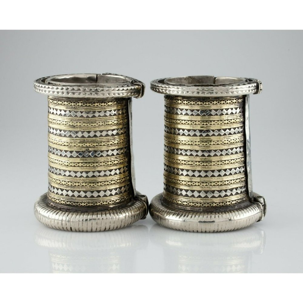 Pair of Large Silver and Brass Bangle Arm Cuffs Gorgeous Heavy!